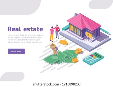 Real estate isometric landing page. Web banner design of cottage with key, calculator, scattered coins and money bills. Character man makes a deal with an agent. House loan, rent and mortgage concept.