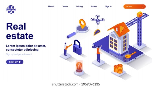 Real estate isometric landing page. Company building property to sell isometry concept. Buying home, moving to new house 3d web banner. Vector illustration with people characters in flat design