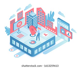Real estate isometric vector illustration. Buying buildings and investing in property. Choosing new urban apartment. Searching for house. Business. Online service cartoon conceptual design element