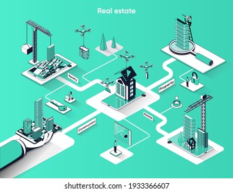 Real estate isometric web banner. Construction property company flat isometry concept. Building skyscrapers and residential houses 3d scene design. Vector illustration with tiny people characters