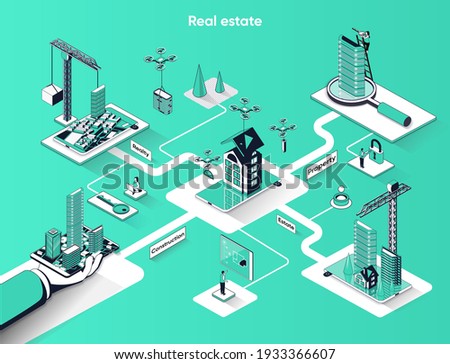 Real estate isometric web banner. Construction property company flat isometry concept. Building skyscrapers and residential houses 3d scene design. Vector illustration with tiny people characters