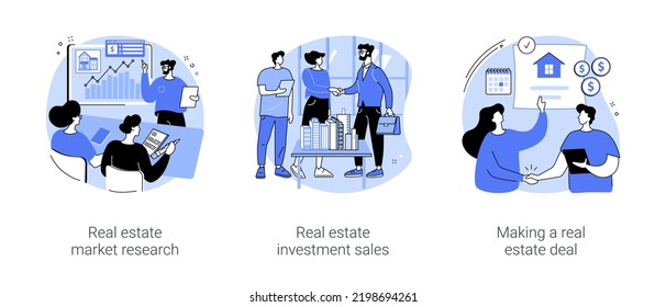 Real estate job isolated cartoon vector illustrations set. Brokerage firm representative make market analysis, commercial real estate investment sale, business people have deal vector cartoon.