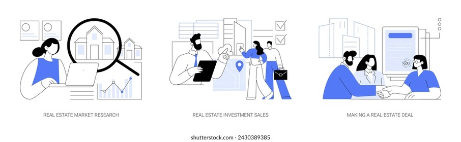 Real estate job isolated cartoon vector illustrations set. Brokerage firm representative make market analysis, commercial real estate investment sale, business people have deal vector cartoon.