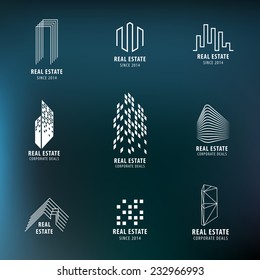 Real Estate labels set. Modern architecture, City Skyline, buildings, skyscrapper, house icons. Vector design.