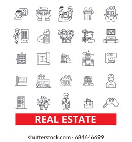 Real estate, land, lot, house, property, construction, realtor, building, realty line icons. Property realtor outline signs set. Real estate icons with editable strokes