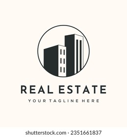 real estate land project vintage logo vector minimalist illustration design, real estate mansion logo design