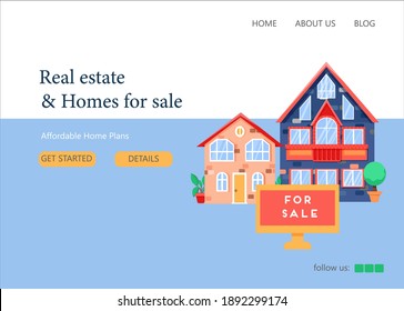 Real estate landing page design with houses in bright colors. Online search apartment rental market buying.