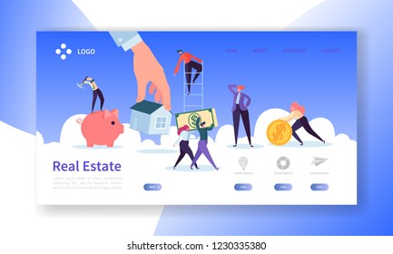 Real Estate Landing Page. Investment in Property Banner with Flat People Characters Buying Apartments Website Template. Easy Edit and Customize. Vector illustration