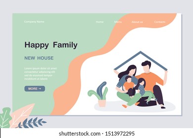 Real estate landing page template. Happy family with children in new house concept. Father holding roof of new home. New purchased or rented housing. Love people together banner. Vector illustration