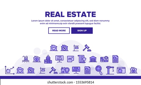 Real Estate Landing Web Page Header Banner Template Vector. Building And House, Map And Plan, Garage And Swimming Pool Real Estate Concept Illustration