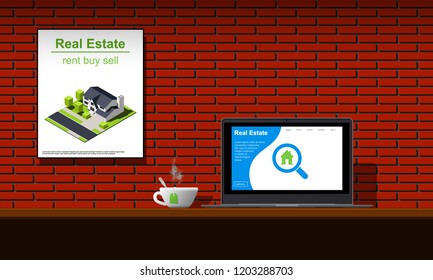Real estate landing webpage on laptop vector illustration. Open office concept.