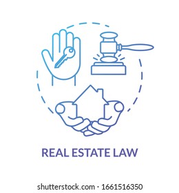 Real estate law blue concept icon. Justice for owners. Selling house. Property ownership. Resident building. Notary service idea thin line illustration. Vector isolated outline RGB color drawing