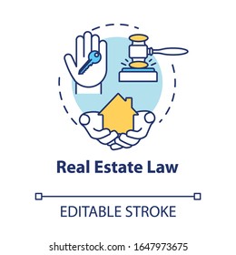 Real estate law concept icon. Buying home. Selling house. Property ownership. Resident building. Notary service idea thin line illustration. Vector isolated outline RGB color drawing. Editable stroke