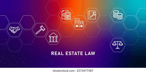 Real Estate Law housing apartment legal aspect consultation service gradient header residential agreement property terms design concept with icon