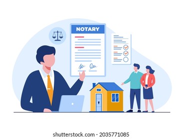 notario legal inmobiliario, inmueble, consultor e hipoteca, acuerdo, plantilla de vector de ilustración plana