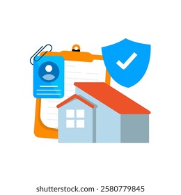 Real Estate Legal Protection Concept Illustration. Flat design of a document, house, and shield symbolizing property legal assurance, certification, and dispute free guarantee