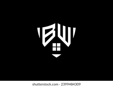 Real estate letter BW shield shape logo and house building vector template