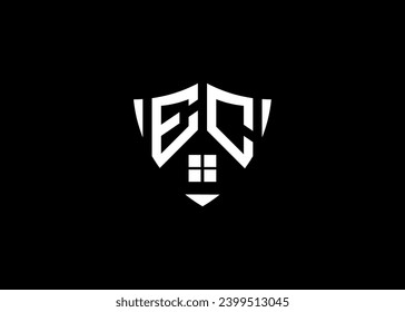 Real estate letter EC shield shape logo and house building vector template