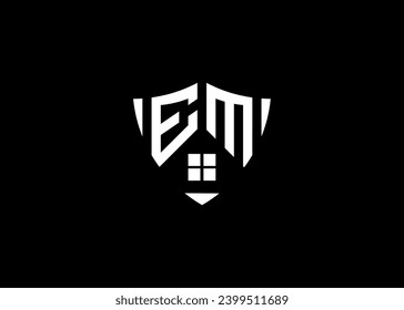 Real estate letter EM shield shape logo and house building vector template