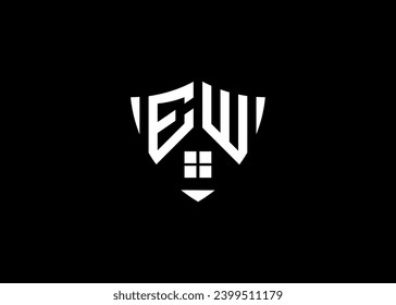 Real estate letter EW shield shape logo and house building vector template