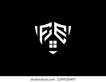 Real estate letter FE shield shape logo and house building vector template