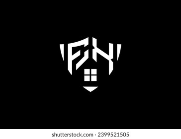 Real estate letter FX shield shape logo and house building vector template