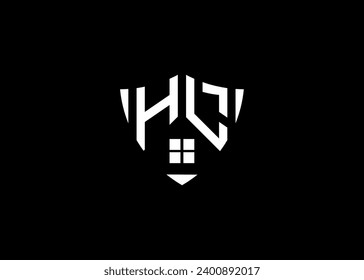 Real estate letter HL shield shape logo and house building vector template
