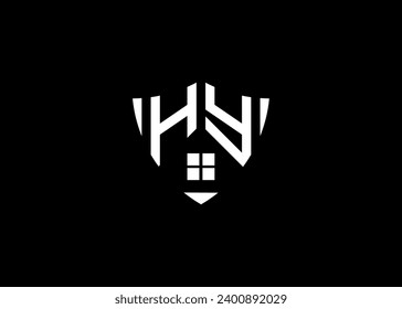 Real estate letter HY shield shape logo and house building vector template