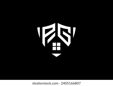 Real estate letter PG shield shape logo and house building vector template.