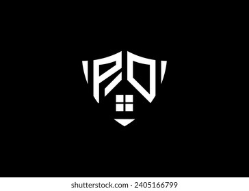 Real estate letter PO shield shape logo and house building vector template.