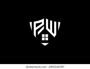 Real estate letter PW shield shape logo and house building vector template