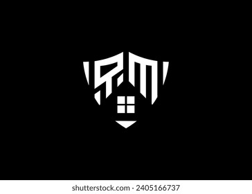 Real estate letter QM shield shape logo and house building vector template.