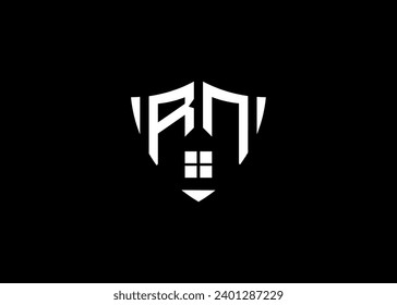 Real estate letter RN shield shape logo and house building vector template.