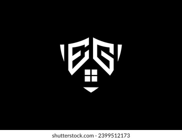 Real estate letter EG shield shape logo and house building vector template