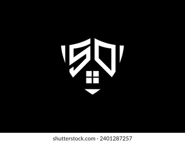Real estate letter SO shield shape logo and house building vector template