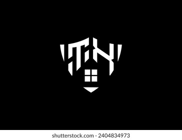 Real estate letter TX shield shape logo and house building vector template