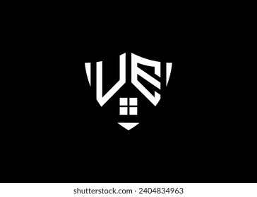 Real estate letter UE shield shape logo and house building vector template.