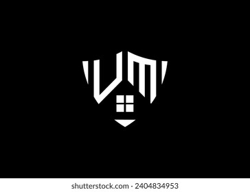 Real estate letter UM shield shape logo and house building vector template