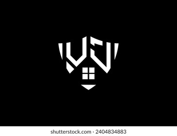 Real estate letter VJ shield shape logo and house building vector template.