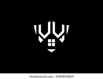 Real estate letter VV shield shape logo and house building vector template