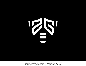 Real estate letter ZG shield shape logo and house building vector template.