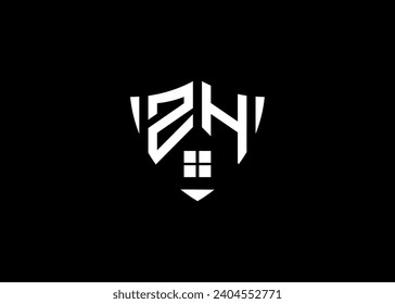 Real estate letter ZH shield shape logo and house building vector template