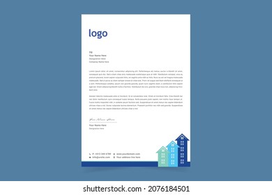 Diseño de membrete inmobiliario. Plantilla De Letras Creativas Y Limpias Para Empresas Listas Para Impresión Para Su Empresa De Arquitectura E Inmobiliaria. Ilustración vectorial