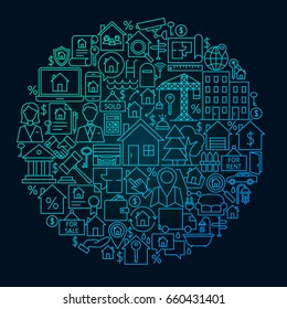 Real Estate Line Circle Concept. Vector Illustration of House and Building Outline Objects.