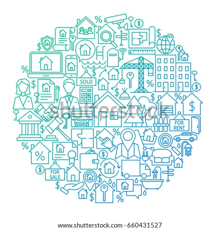 Real Estate Line Circle Design. Vector Illustration of House and Building Objects isolated over White.