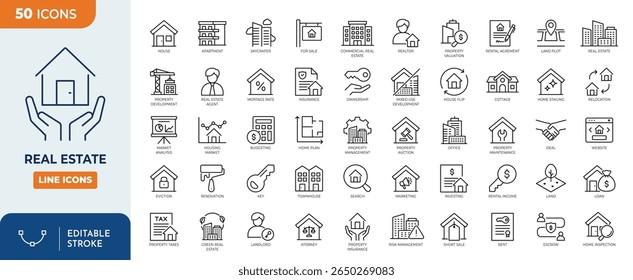 Conjunto de ícones editáveis da linha de Imóveis. Contendo Compra e venda de habitação, Casa, Agente, imóveis, propriedade, hipoteca, empréstimo para casa e muito mais. Traçado editável. Ilustração vetorial
