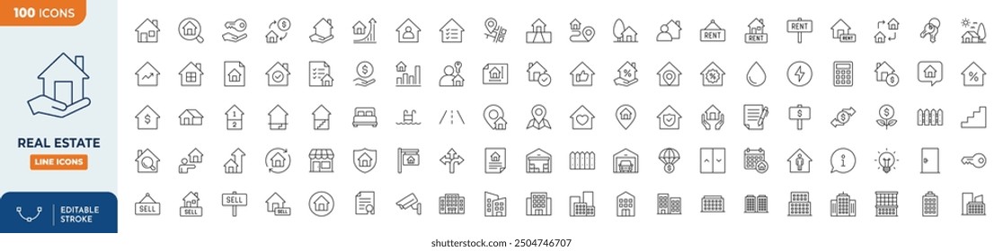 Real Estate Line Editable Icons set. Vector illustration in modern thin line style of icons related to real estate, transactions, types of real estate, amenities, and other