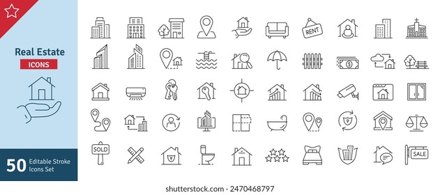 Real Estate Line Editable Stroke Icons Set. Building, Plan, Location, House, Home, Property, Rent, Bed, Key, Park, Window, Agent, Mortgage, Collection. Editable stroke. Vector Illustration.