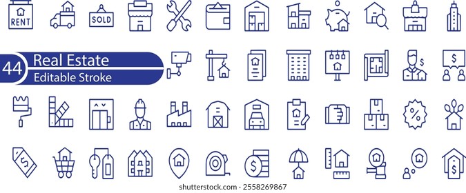 Real Estate Line Editable Stroke Icons Set. Building, Plan, Location, House, Home, Property, Rent, Bed, Key, Park, Window, Agent, Mortgage, Collection.