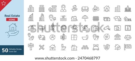 Real Estate Line Editable Stroke Icons Set. Building, Plan, Location, House, Home, Property, Rent, Bed, Key, Park, Window, Agent, Mortgage, Collection. Editable stroke. Vector Illustration.